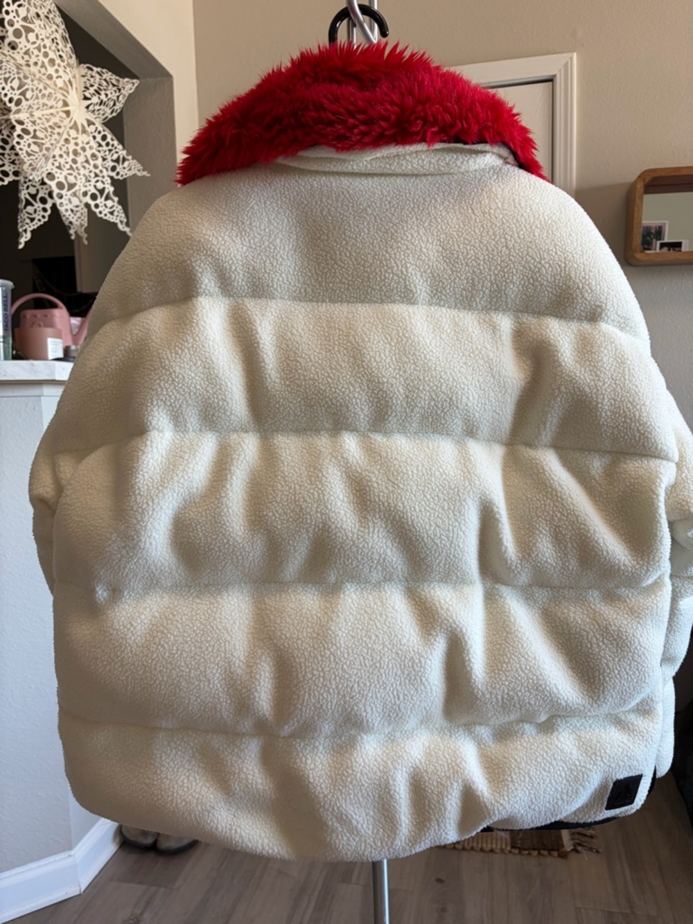 White Moncler Sherpa Puffer Jacket with Red Fur Collar - Picture 3 of 10
